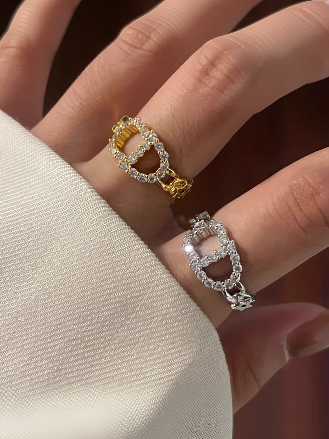 Women's ring with 18K gold plating, zircon, geometric shape and letter design element