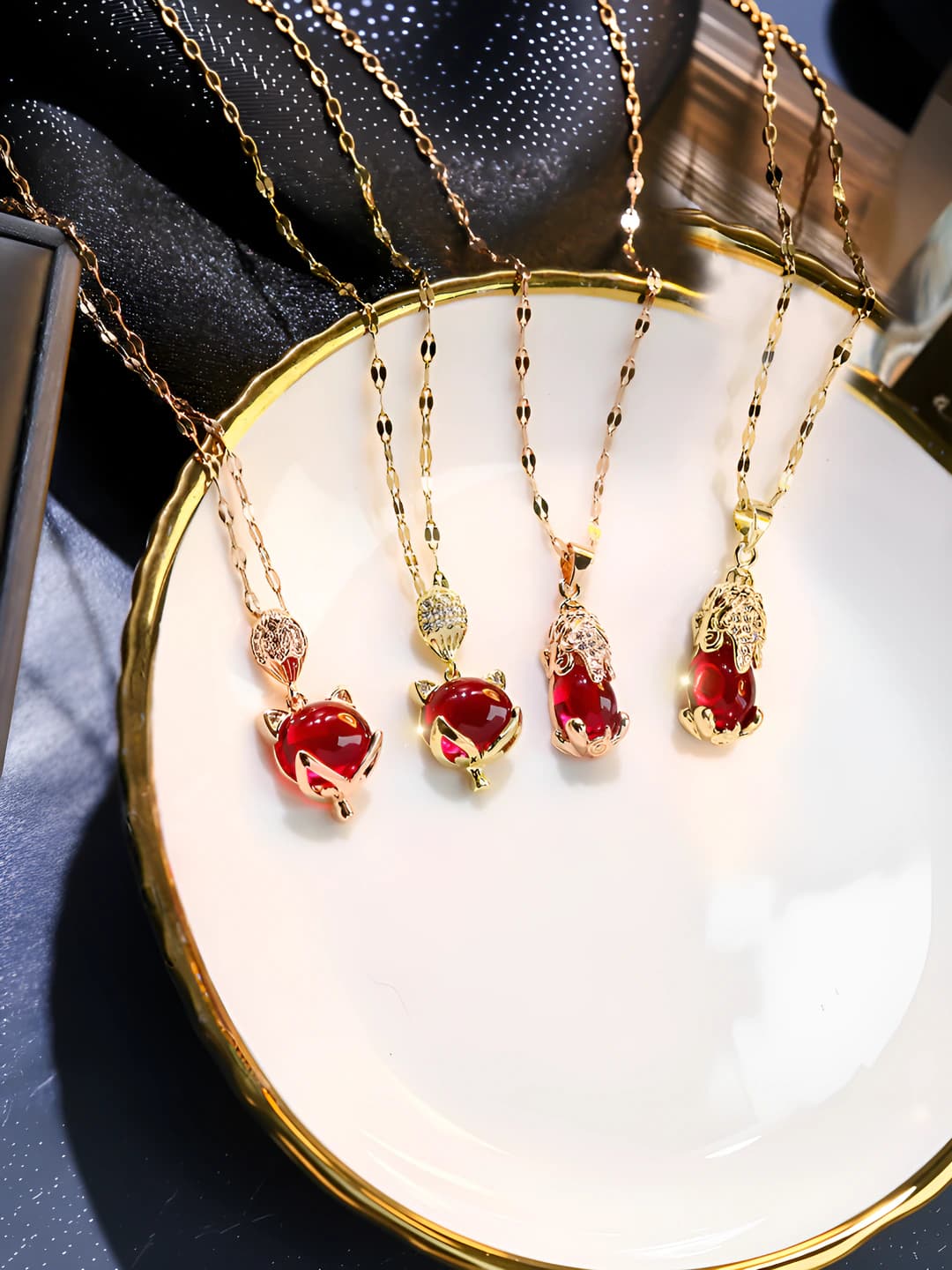 Women's Korean style titanium steel clavicle chain with red gemstone Pixiu pendant