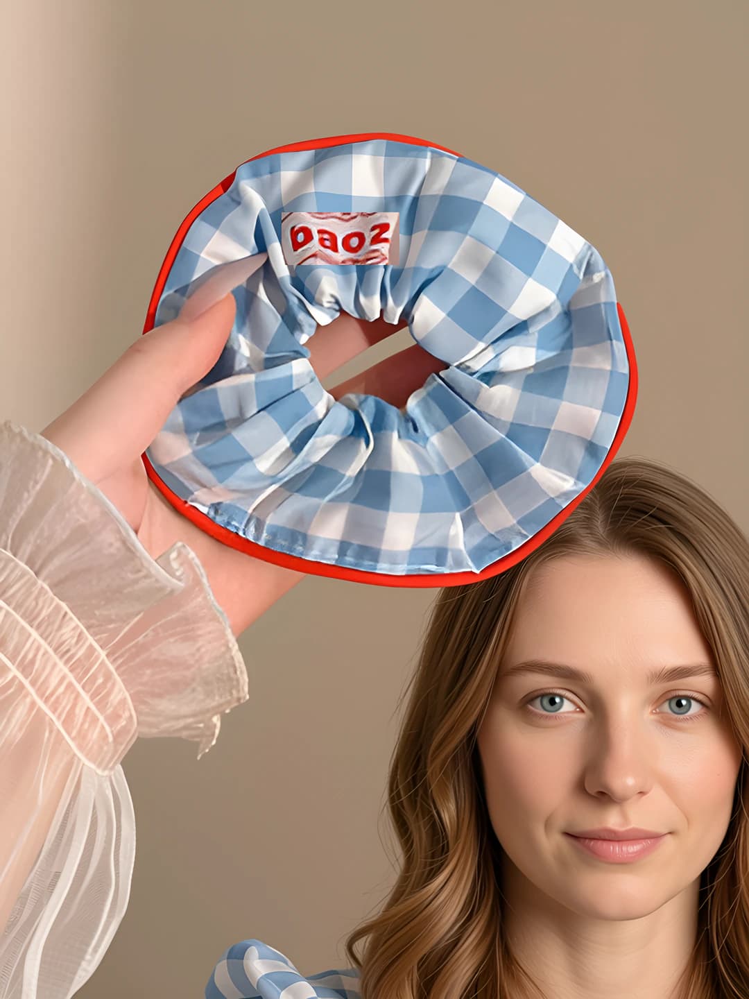 Blue plaid scrunchie ~14 cm