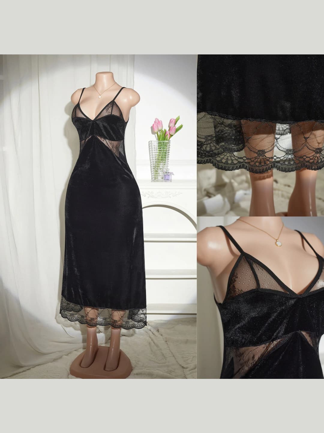Women's home dress tunic made of lace and mesh, thin, sleeveless, V-neck, long