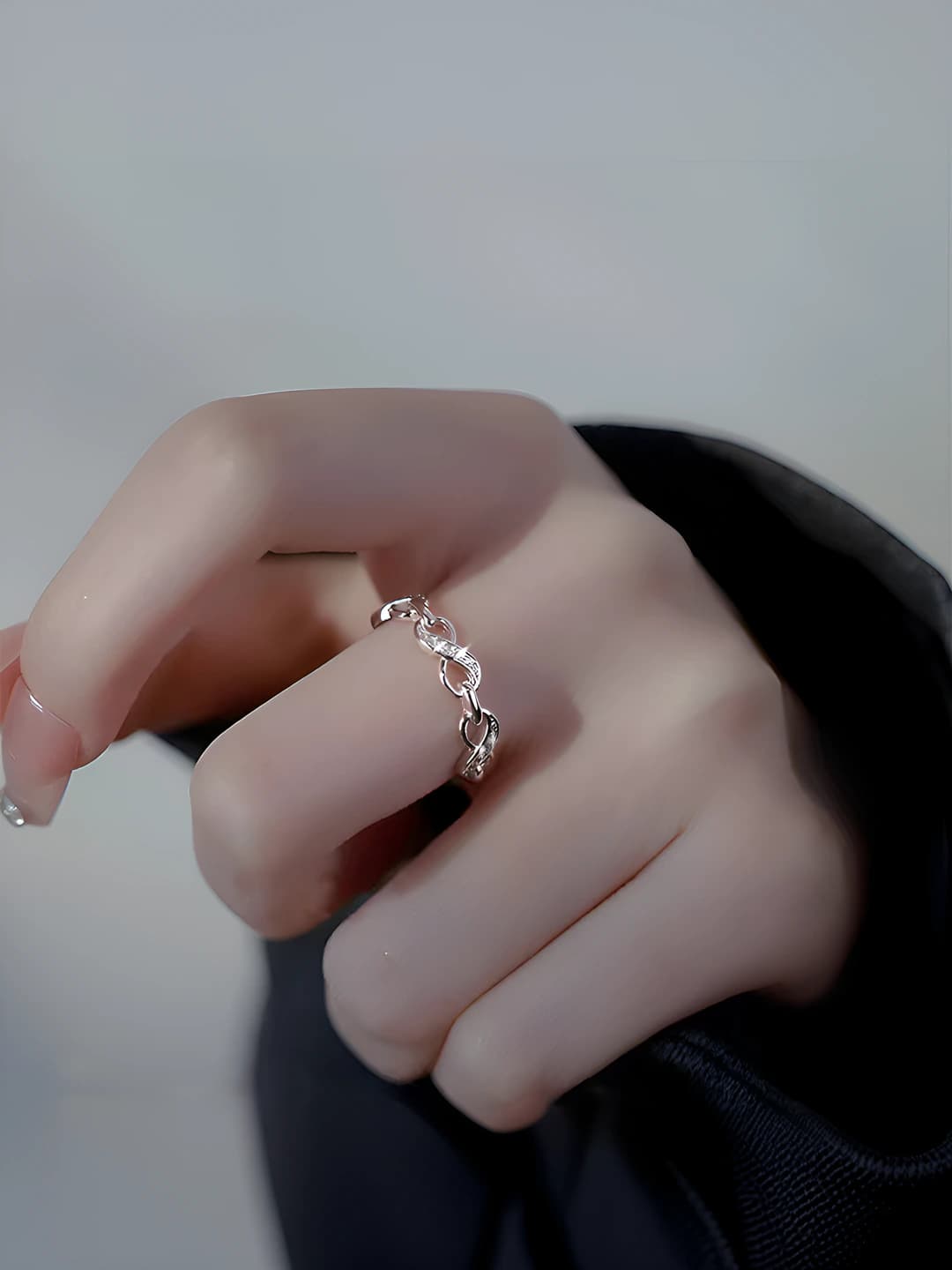 Adjustable open ring for women: figure 8 symbol, geometric design element, light luxury style