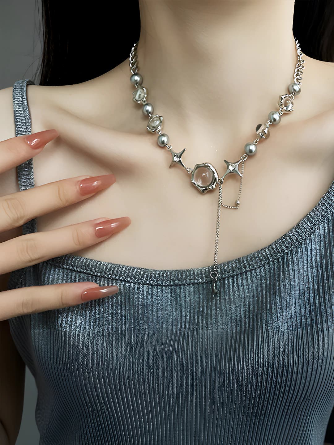 Women's beaded crystal tassel necklace with star pendant