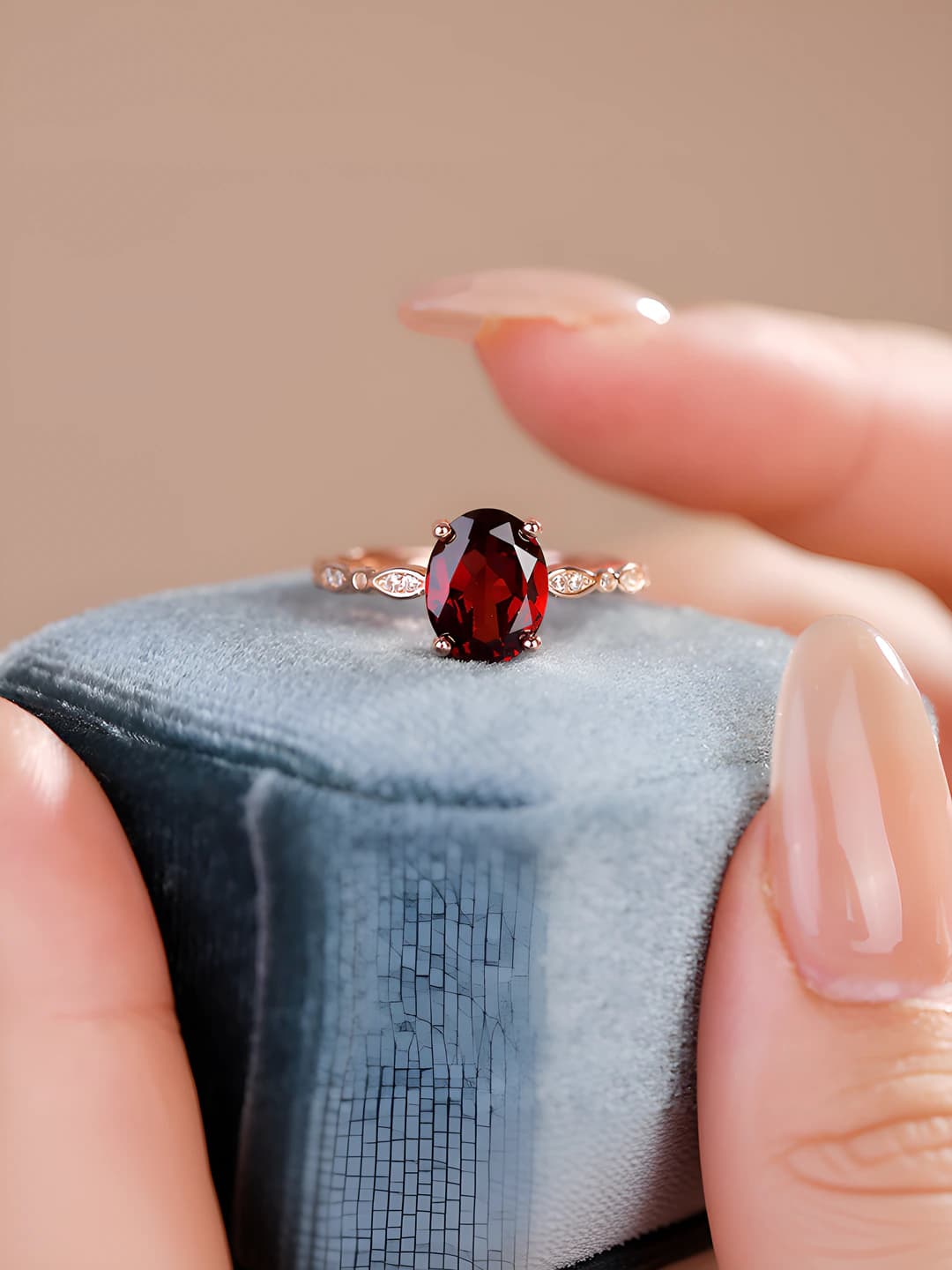 Women's ring: light luxury style, red color, zirconia inlay, geometric design element, oval shape, adjustable size