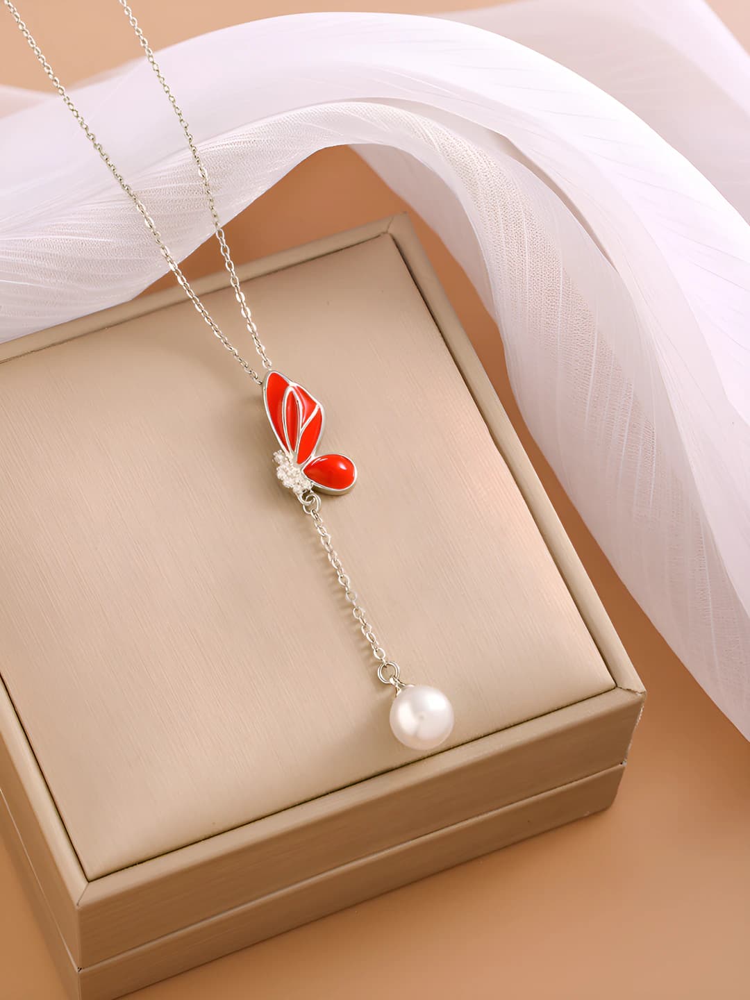 242 Fringe Butterfly Necklace - Silver-Red