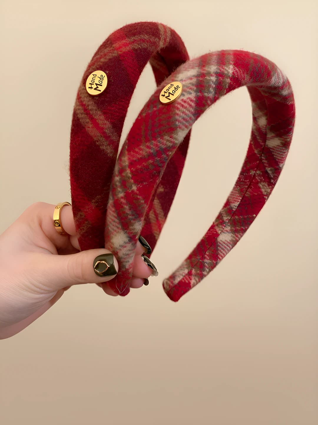 Women's autumn-winter checked fur headband, high crown, retro style, handmade