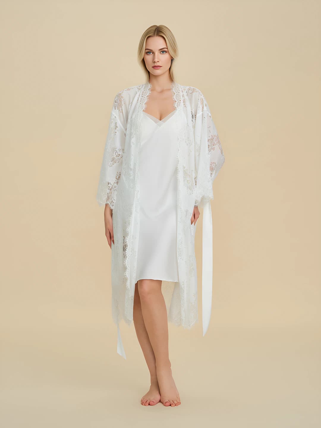 Women's home set: lace robe, satin dress, V-neck, long sleeve, thin, summer