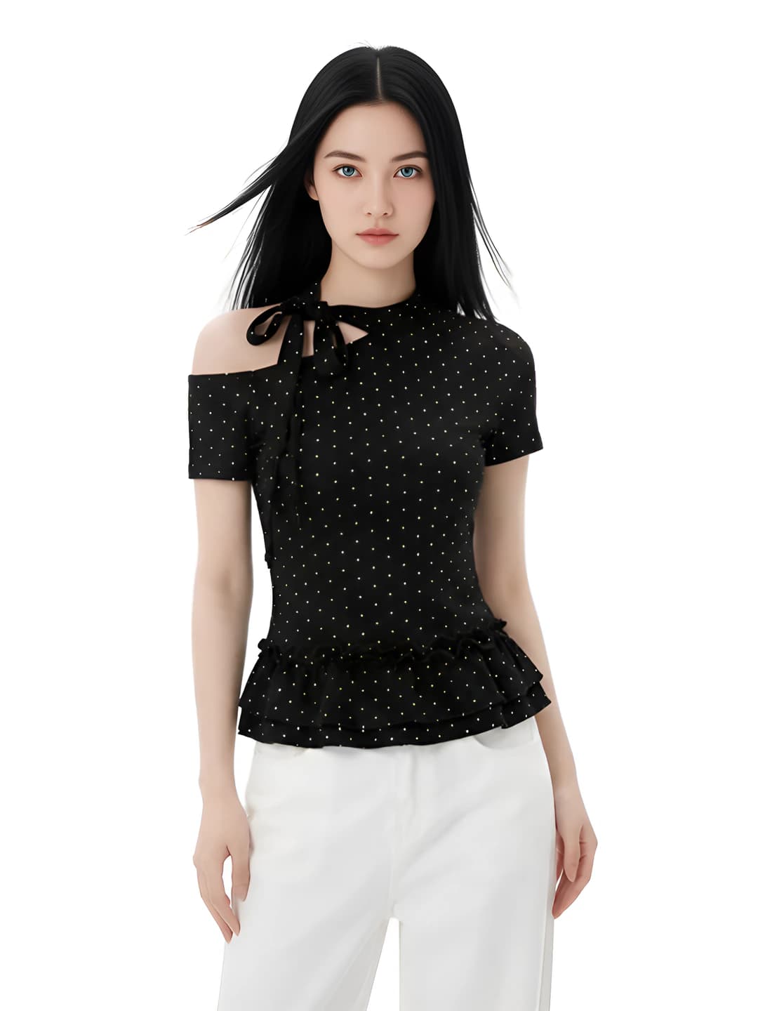 Women's summer plus size slim fit slimming short sleeve mock neck polka dot off-shoulder top