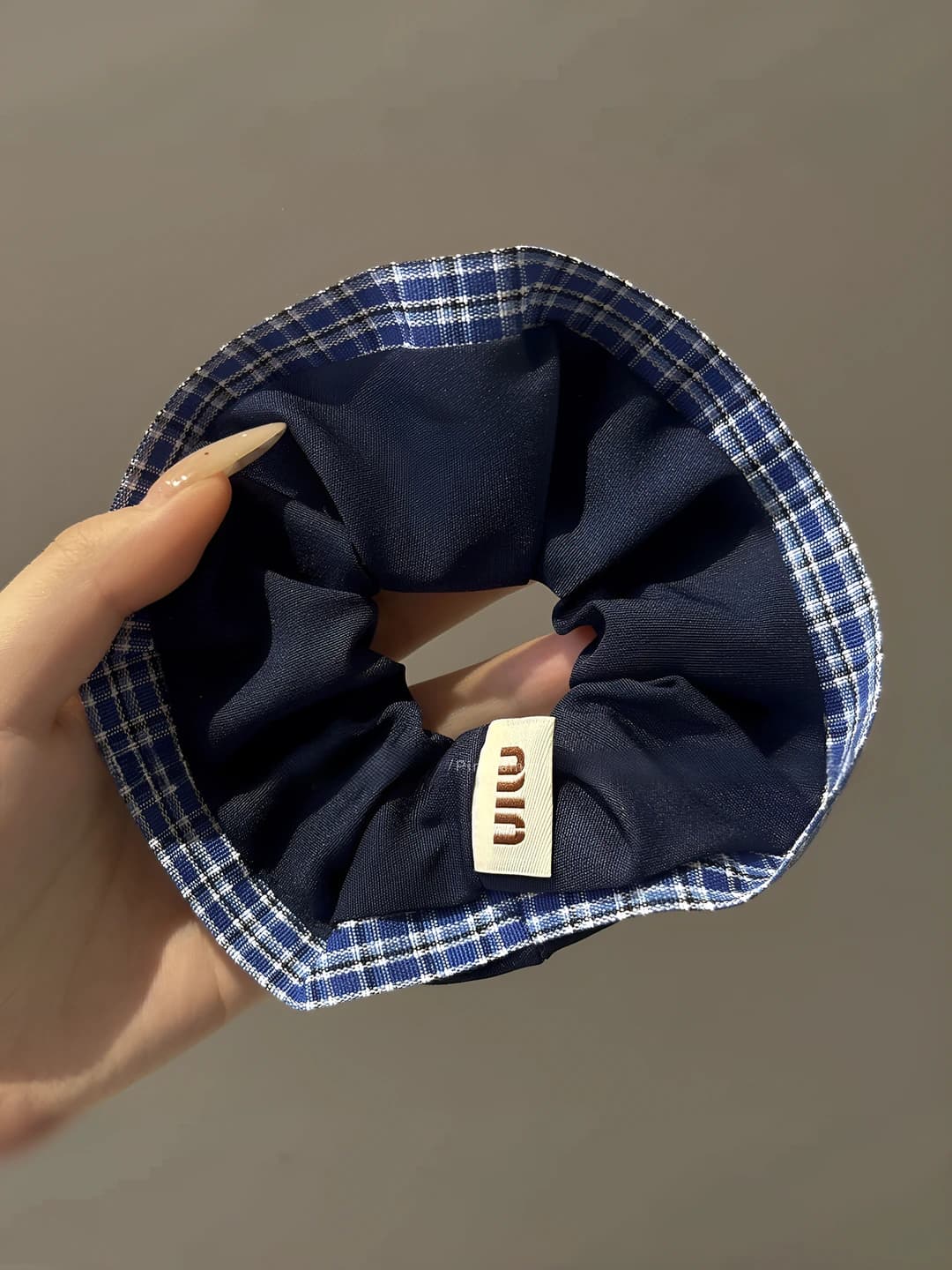 3# Blue denim plaid, logo, ~13 cm