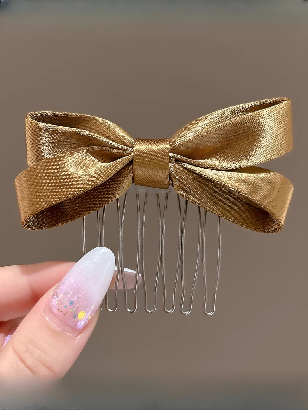 Mustard green, satin bow comb ~5 cm