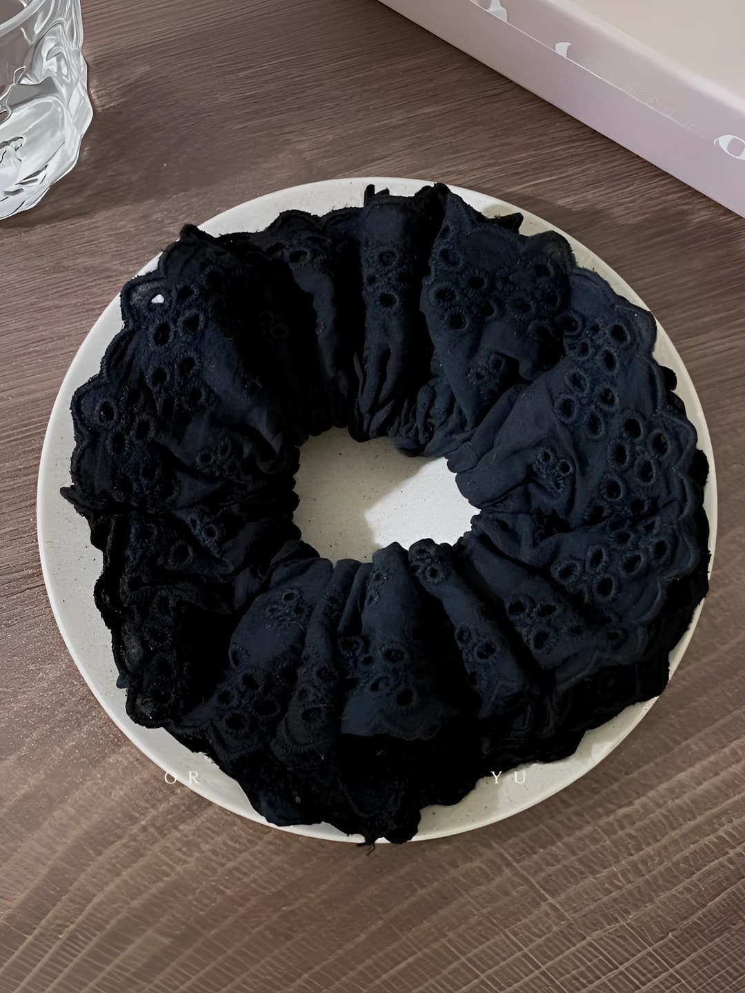 4# Black embroidered lace hair tie