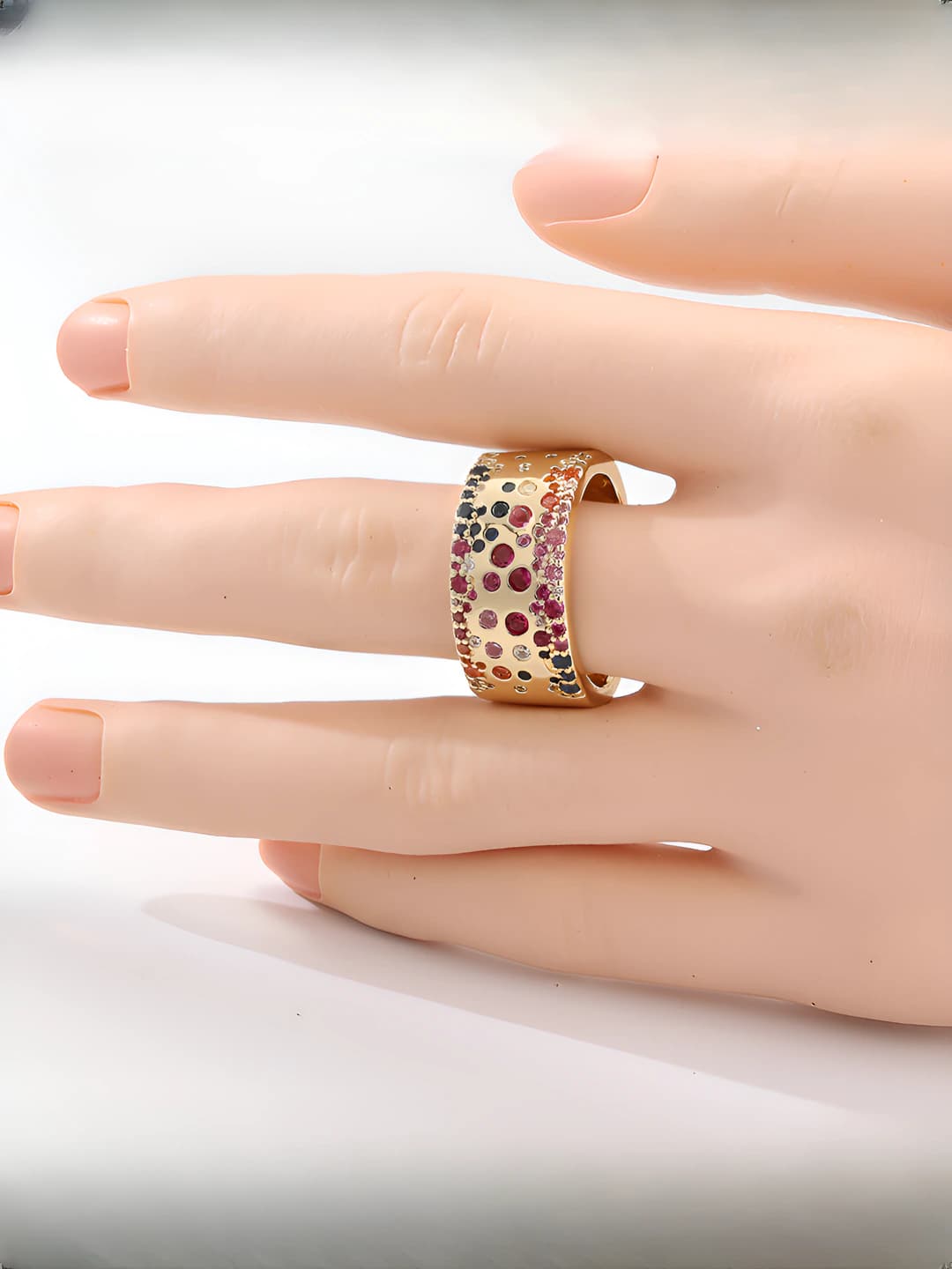 Women's wide copper ring with colored synthetic zircons in retro bohemian style