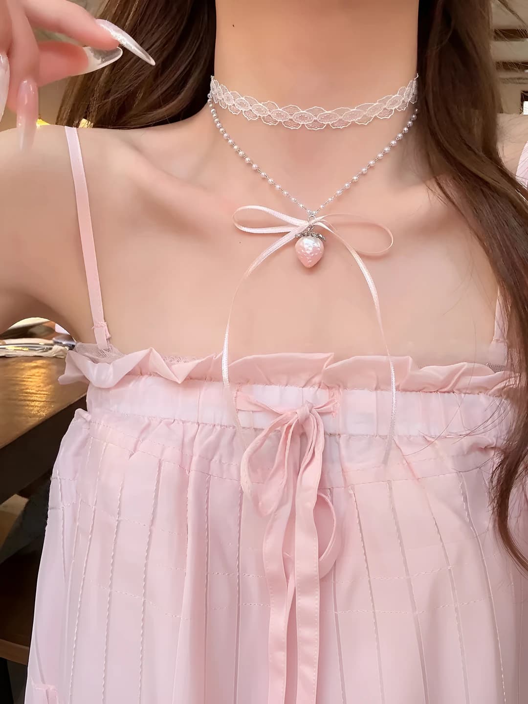 Women's strawberry pendant necklace with lace choker, ribbon and bow design