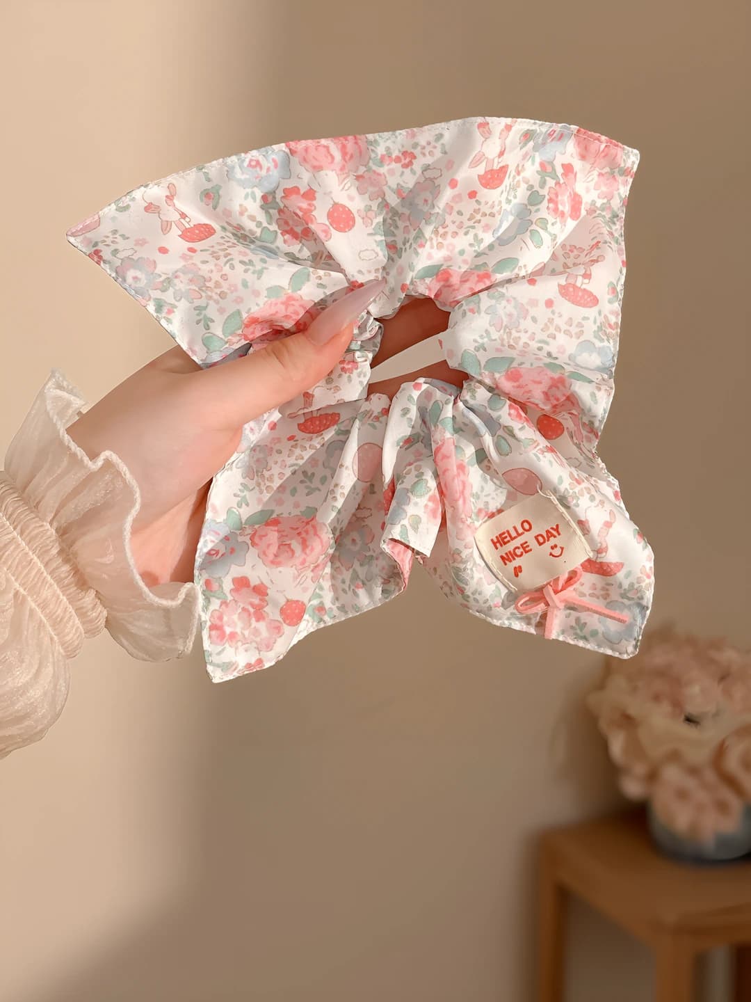 3# Розовый мелкий цветочный квадратный платок-резинка ~21*22 см