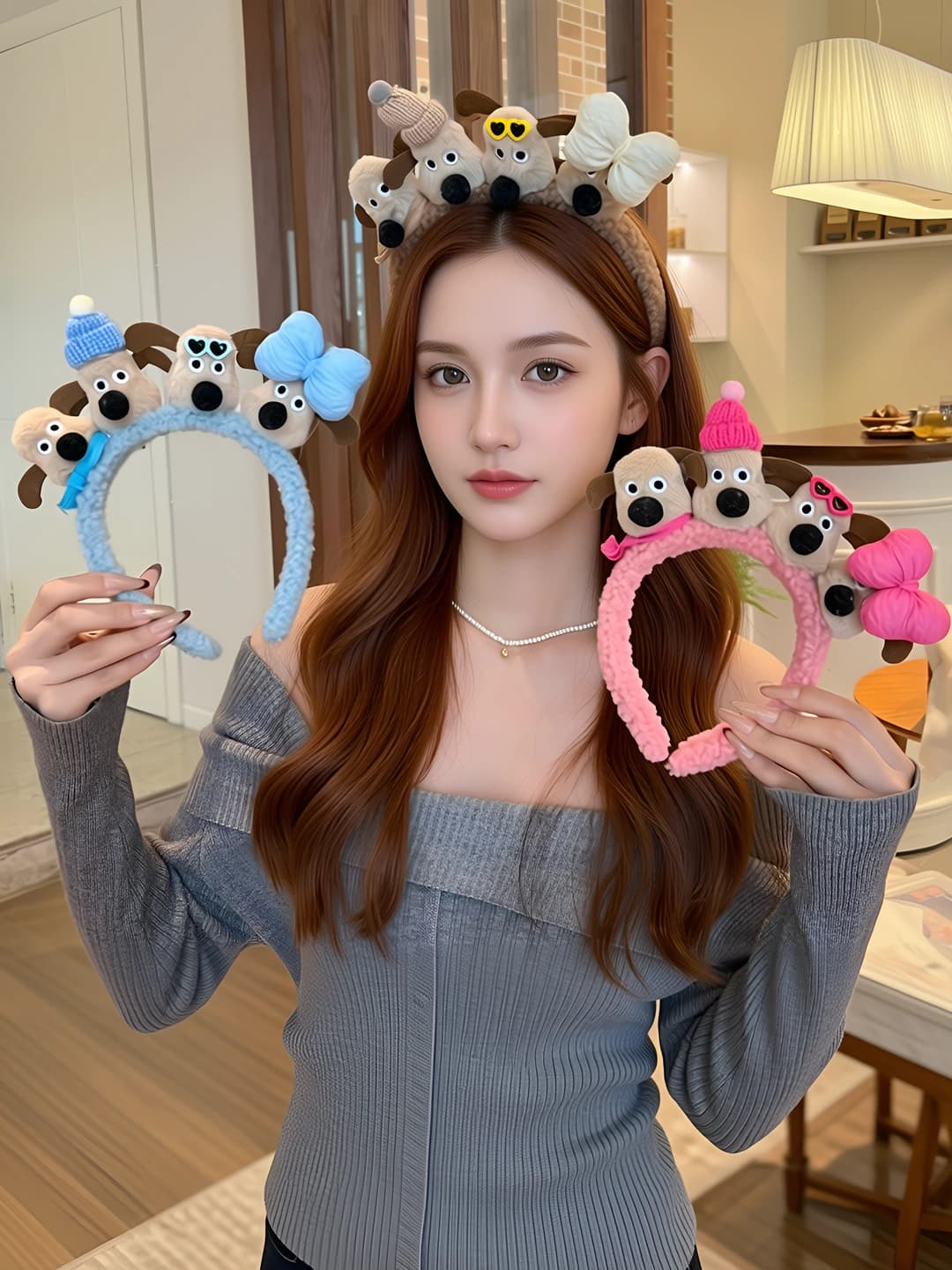 Plush cartoon headband for women: handmade, plastic/resin, sweet and funny design element