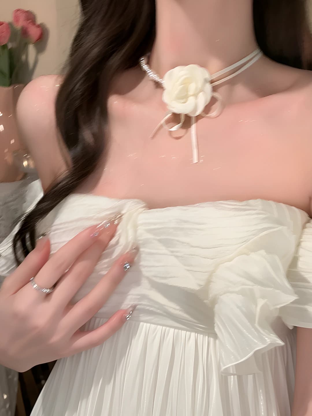 Camellia pearl ribbon necklace