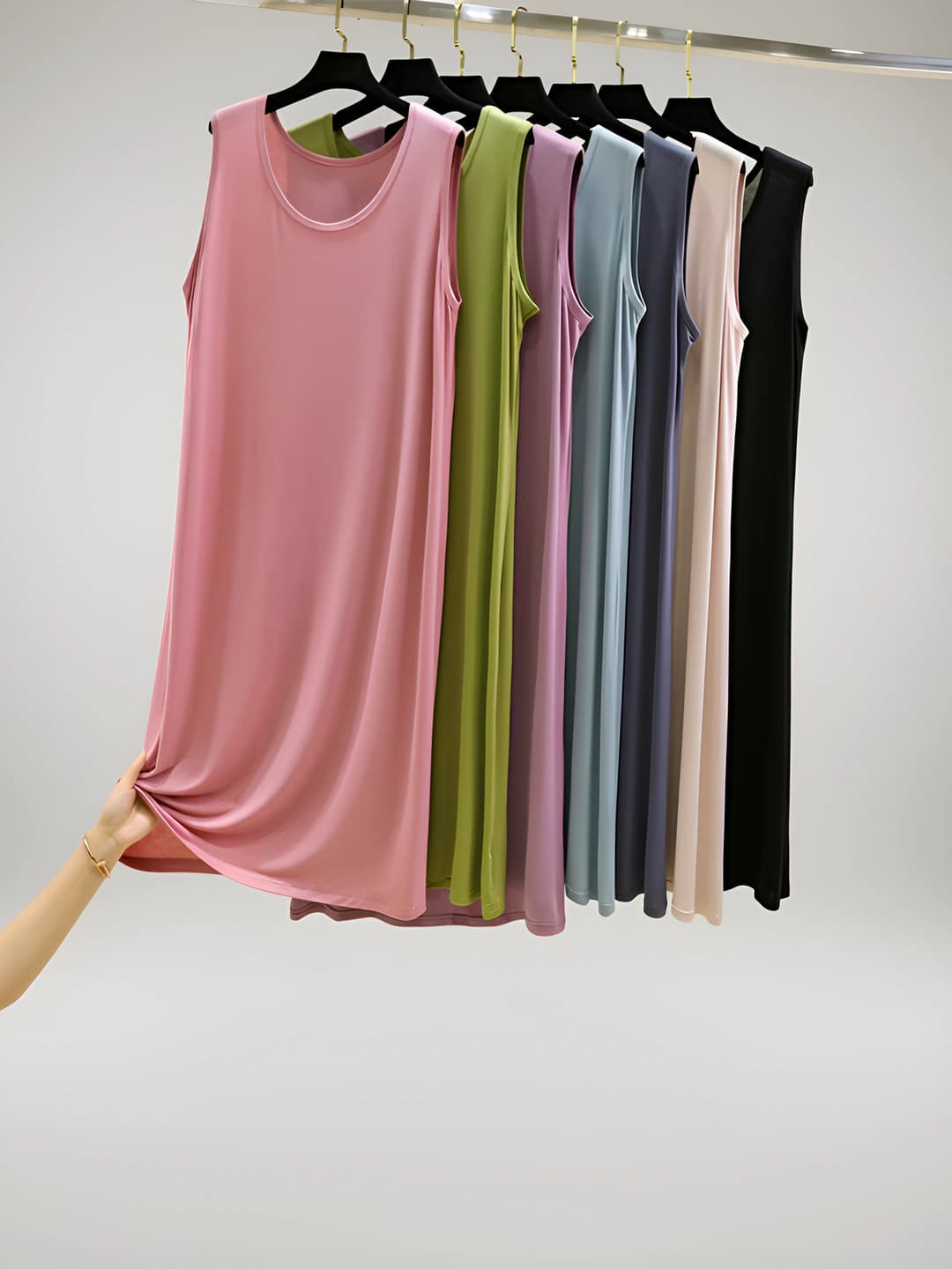 Women's summer thin modal sleeveless home dress, crew neck, loose fit, mid-length