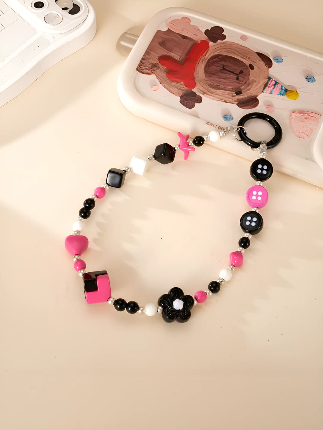 Two-tone square bead charm, rose red + black