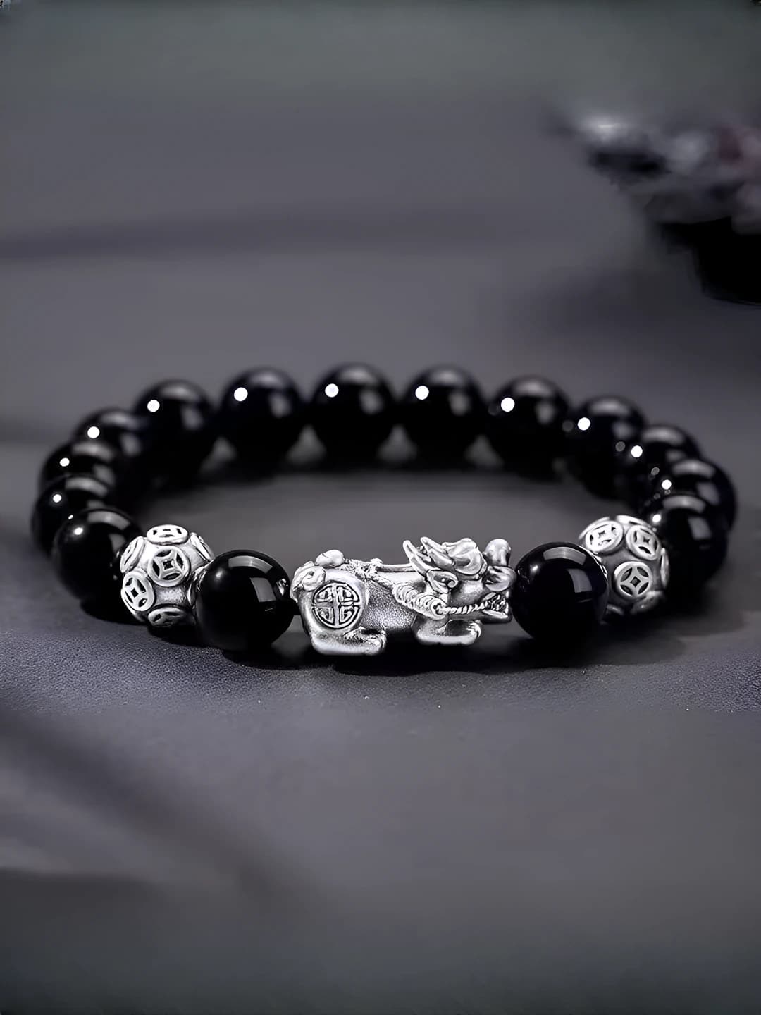 Black and gold obsidian beaded bracelet with Pixiu design element, retro style, for men and women