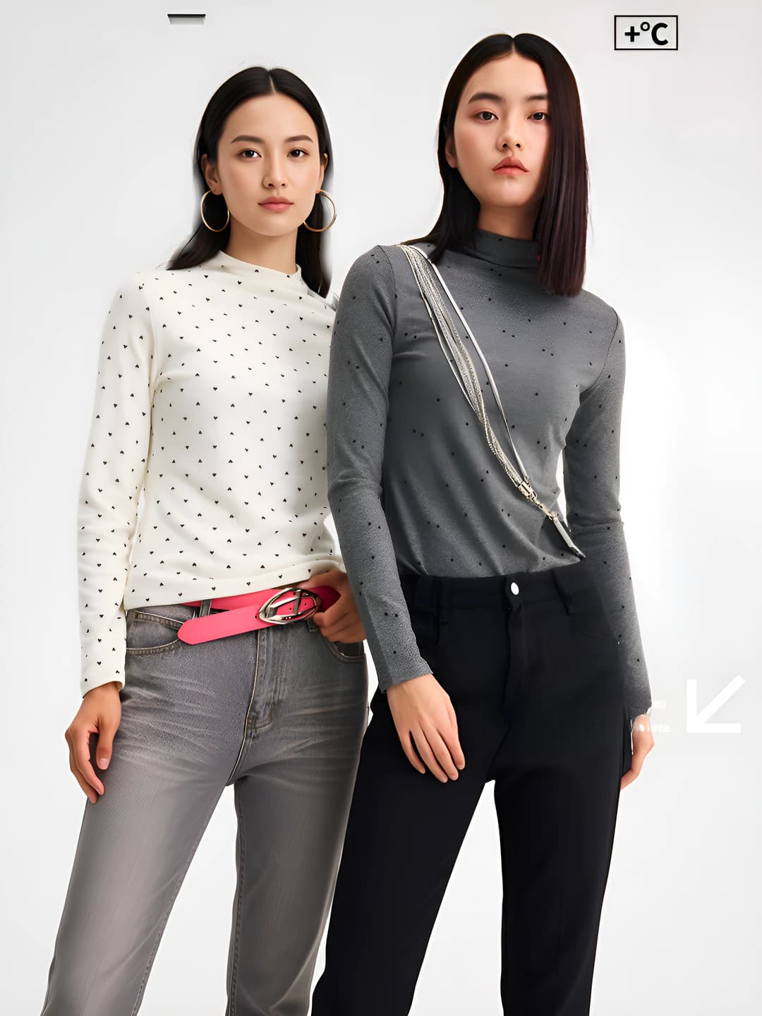 Women's knitted top: warm, stretch, mock neck, bracelet-length sleeve, slim fit, printed, autumn-winter