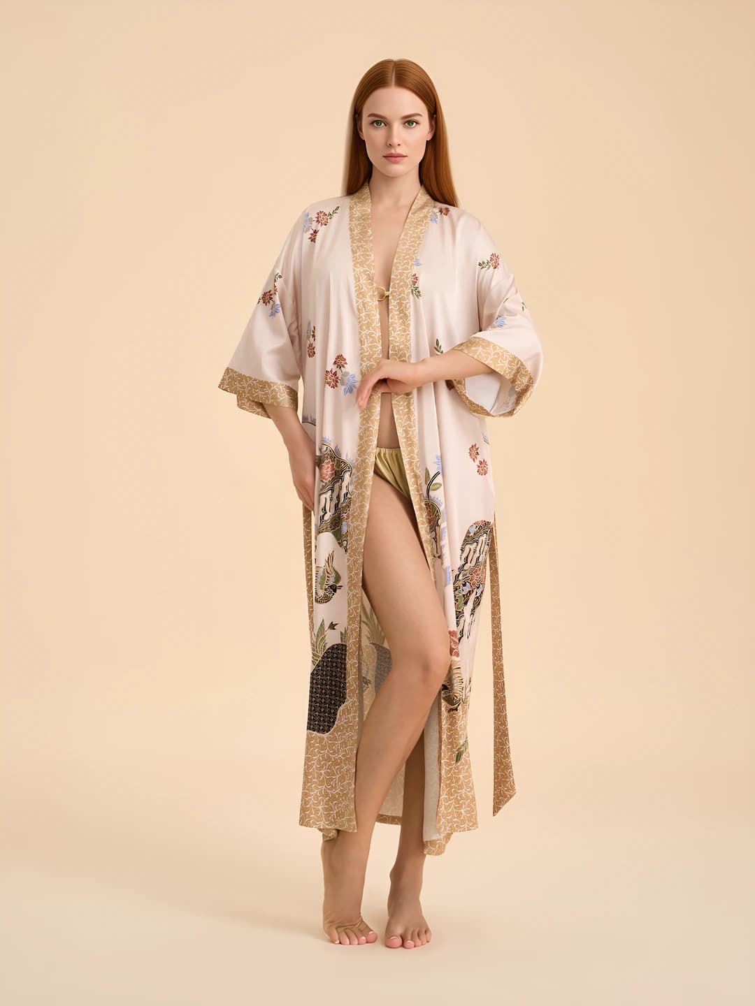 Women's long printed house robe, loose fit, ultra-thin fabric, all-season