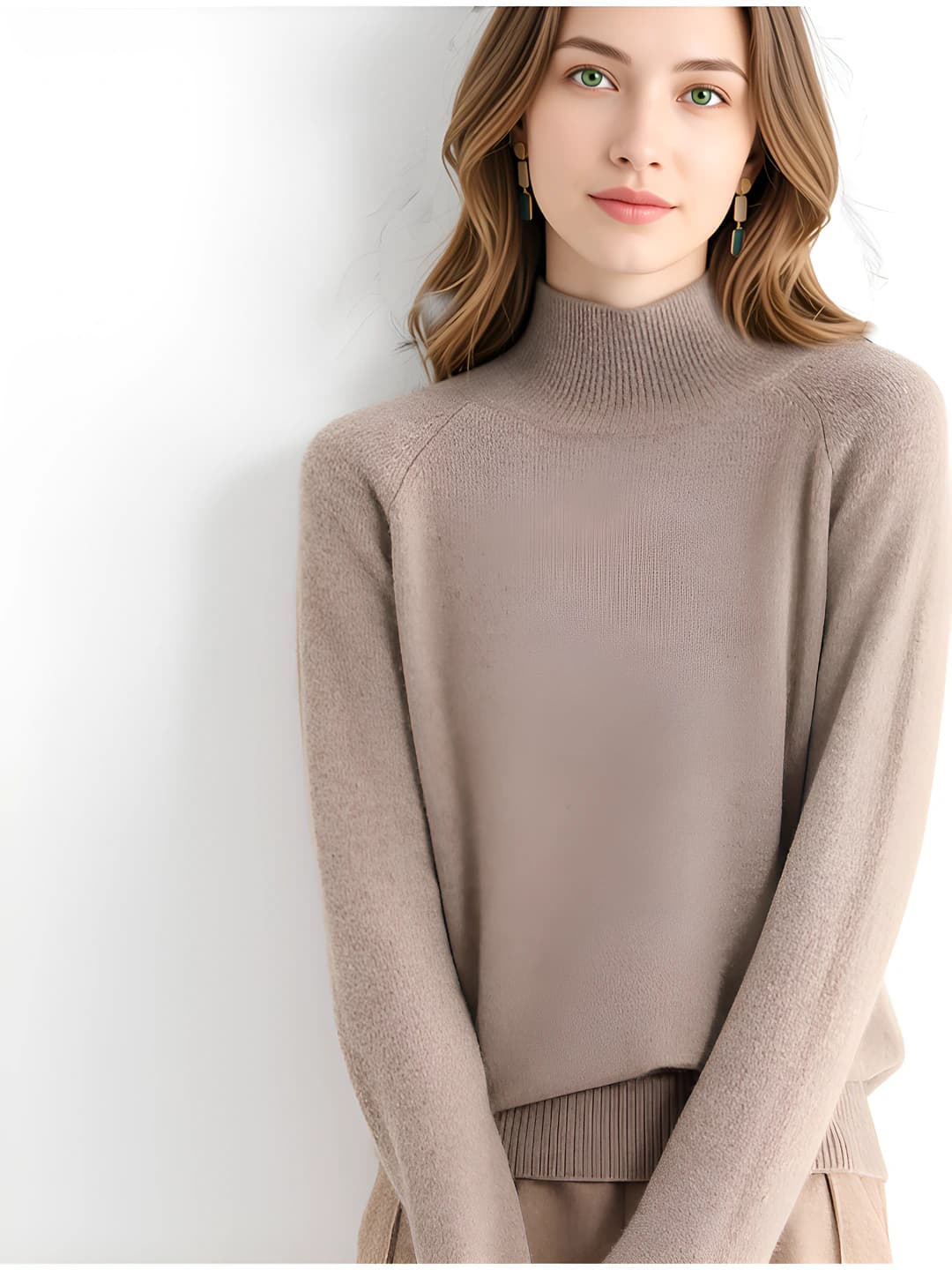 Women's knit sweater with mock neck, thickened, loose fit, long sleeve, solid colour, raglan sleeve, autumn-winter