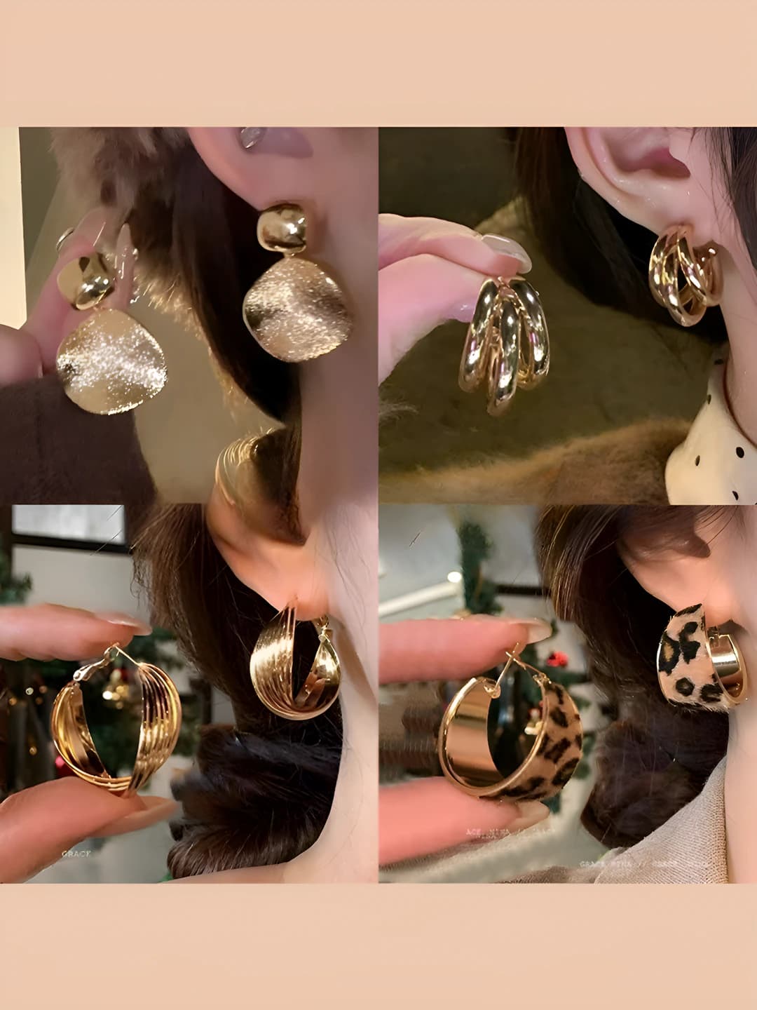 Women's metal geometric design element hoop earrings with 925 silver post, luxury style