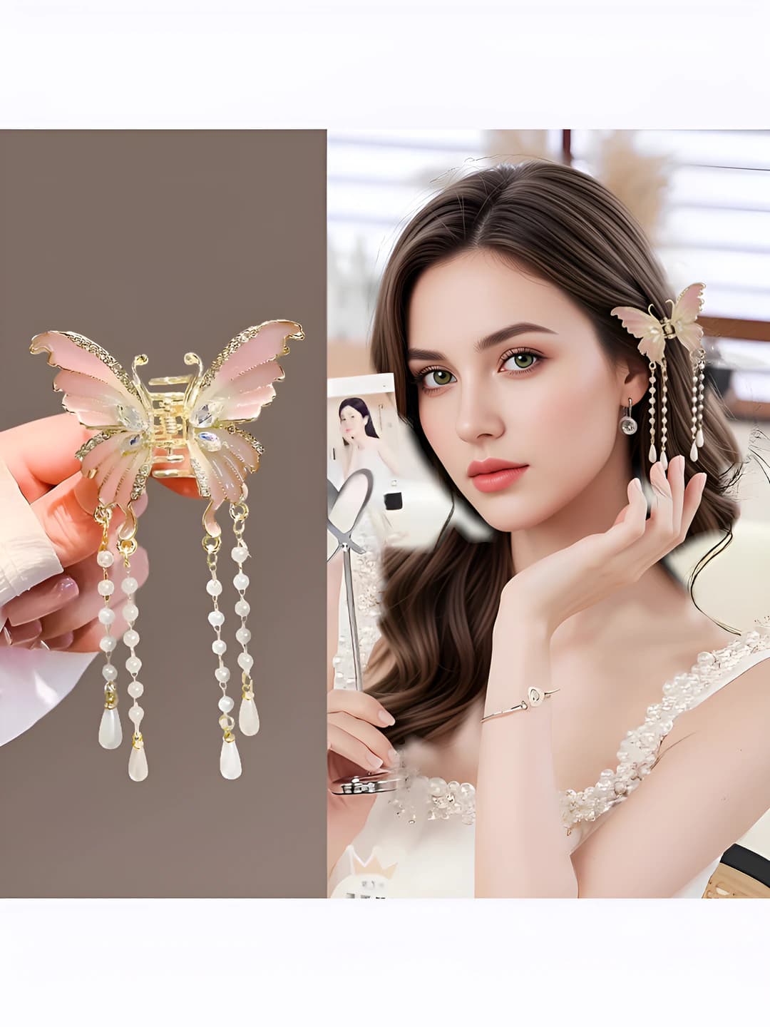Women's Korean style butterfly pearl tassel hair clip