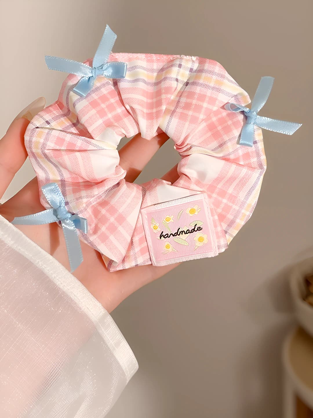 Pink plaid, bow, 11 cm