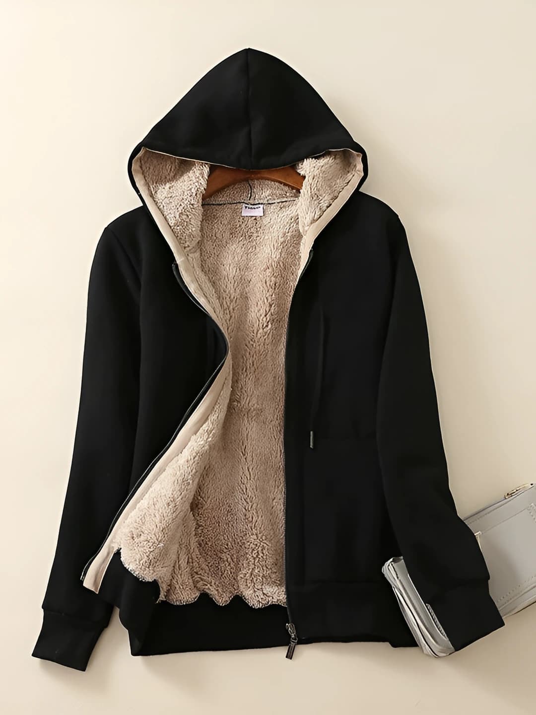 Women's fleece-lined thickened zip hooded sweatshirt, slim fit, long sleeve, solid colour, autumn-winter