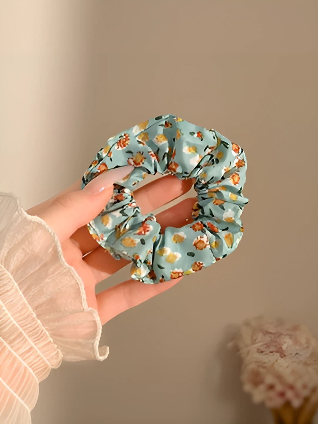 5# Floral hair tie - fruit green