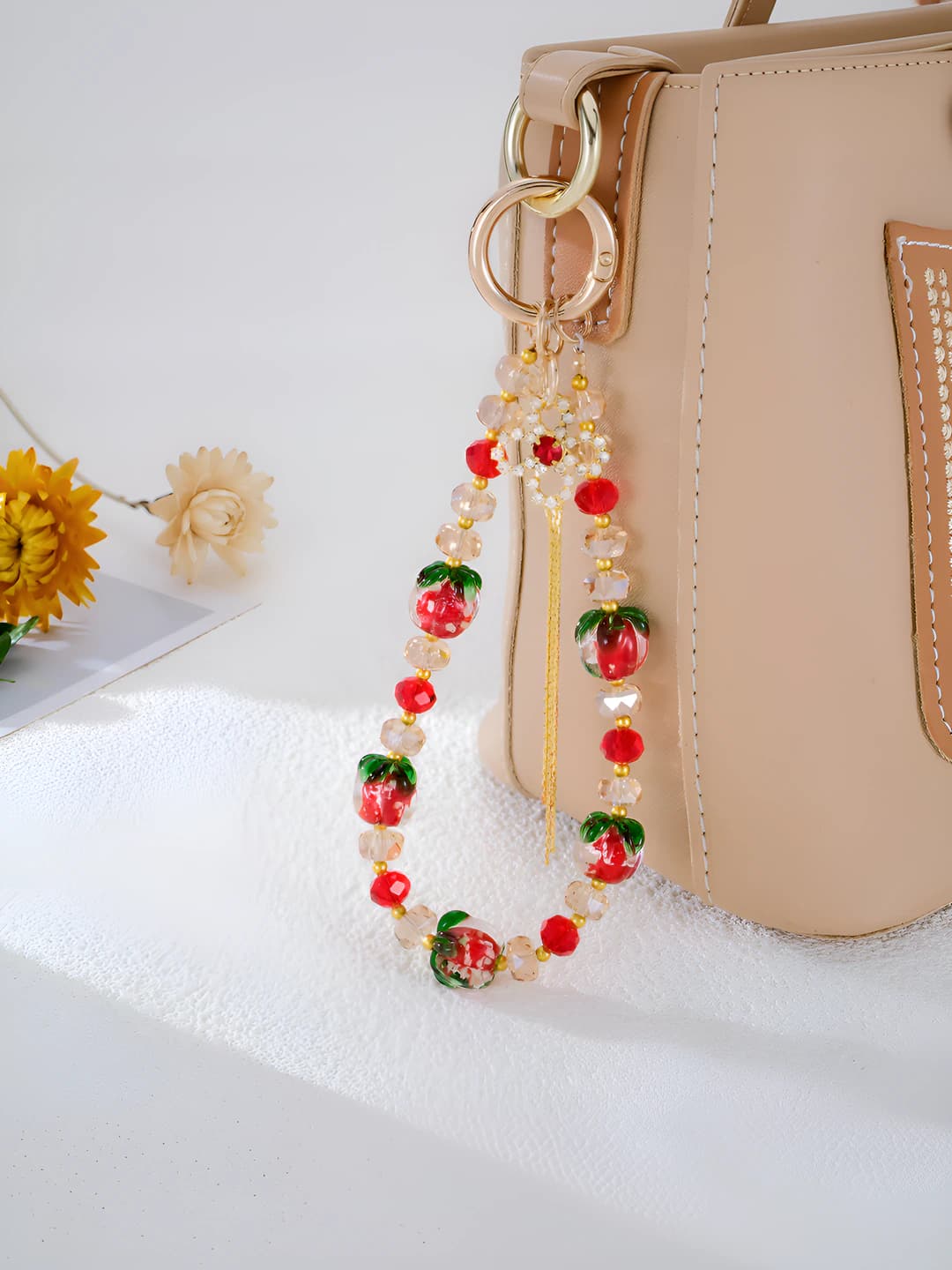 Red persimmon + clover tassel charm, red