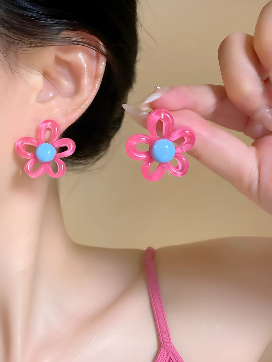 1# Pink flower studs [1 pair] / Acrylic + silver