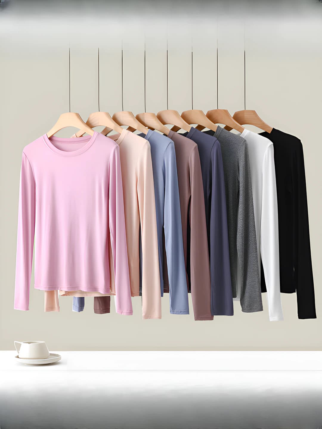 Women's long sleeve thin t-shirt, crew neck, slim fit, solid colour, slimming, non-iron