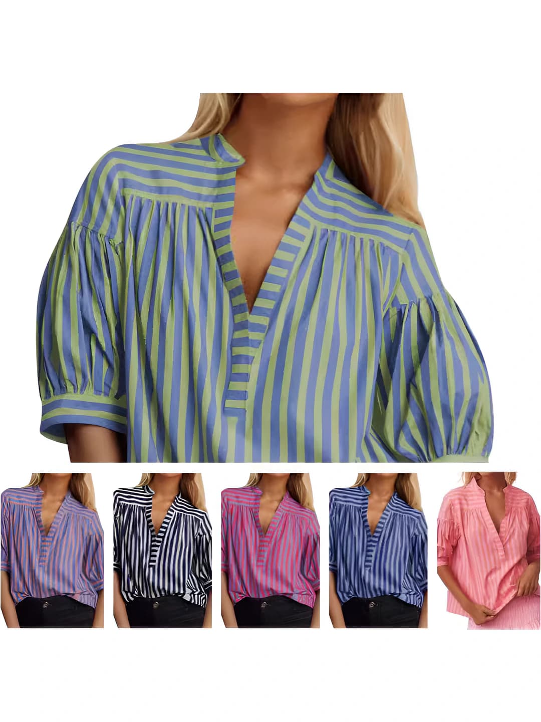 Women's 2026 striped ruffle V-neck elbow-length sleeve loose fit mid-length casual blouse