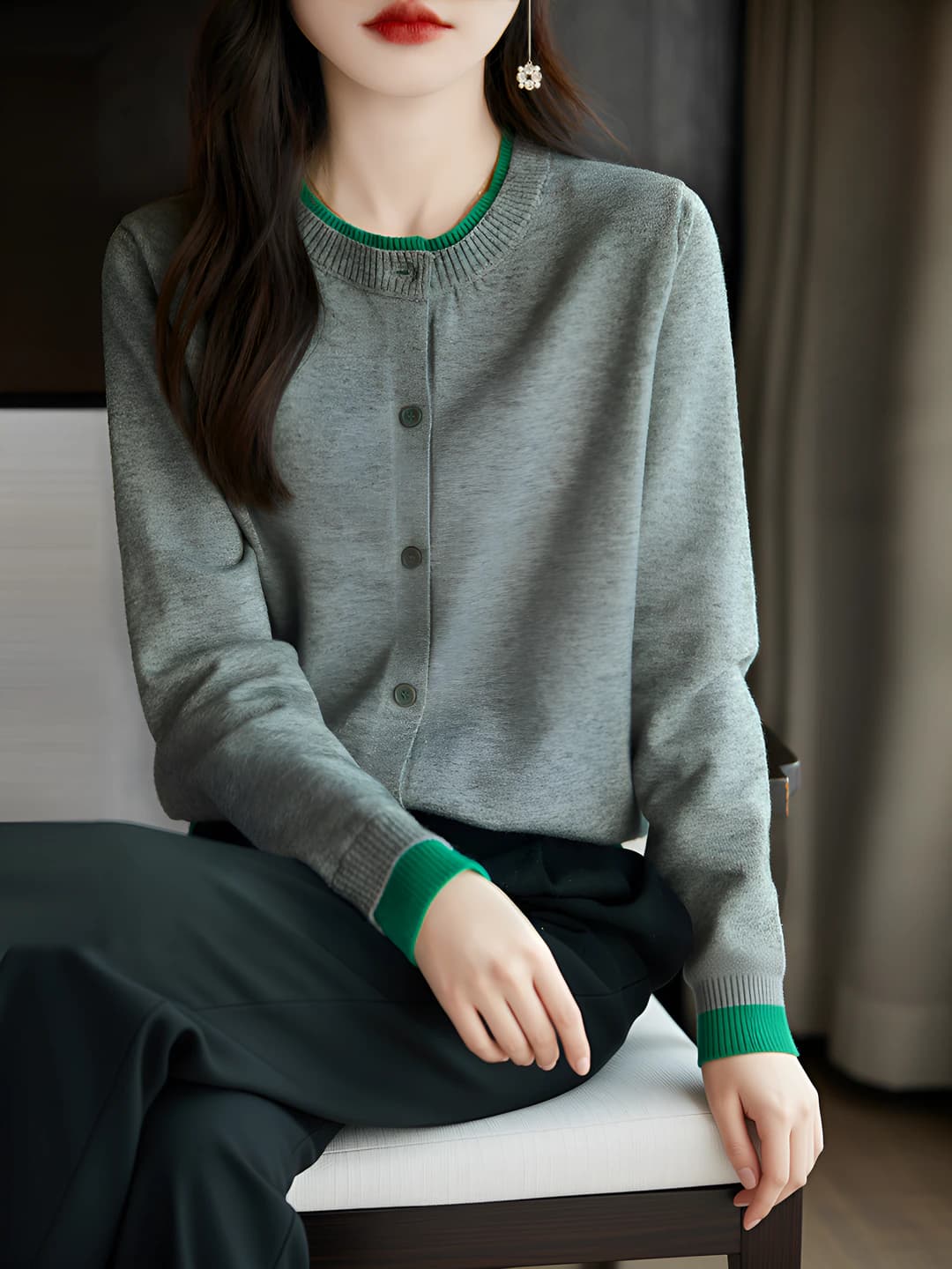 Women's early spring new style Andi velour cardigan, crew neck, long sleeve, casual and commute style, loose fit