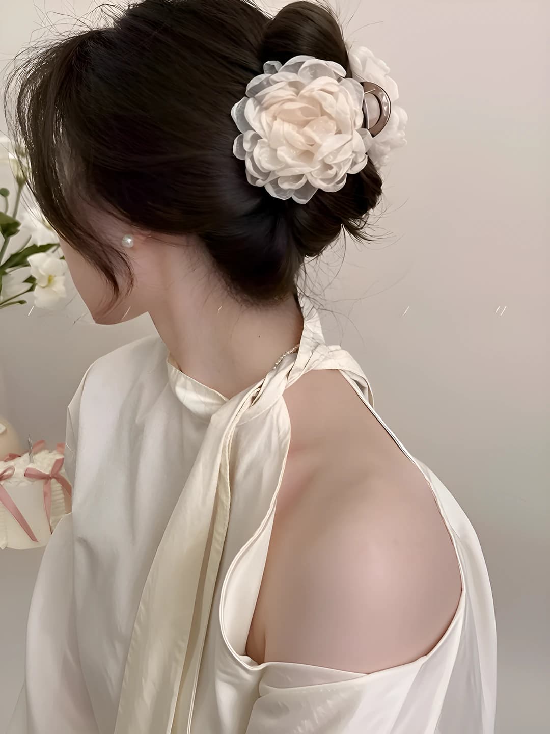 Women's flower claw hair clip, new 2026 model, mesh fabric, handmade, 925 silver, summer headwear