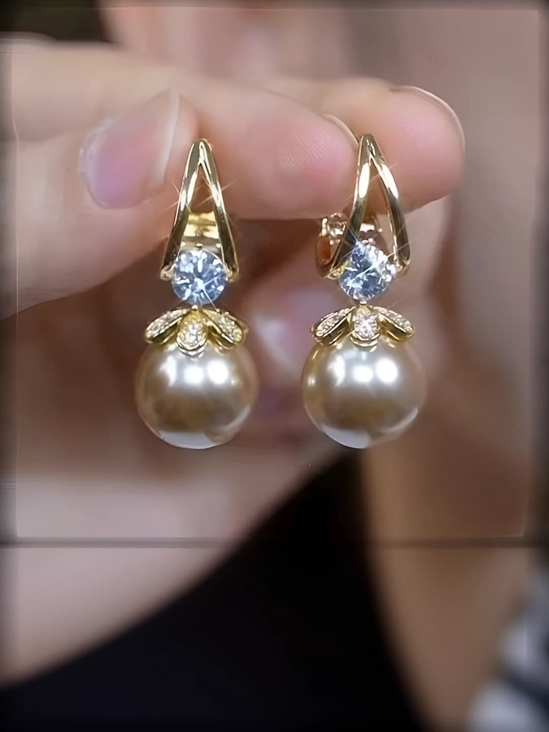4# Diamond champagne faux pearl alloy earrings