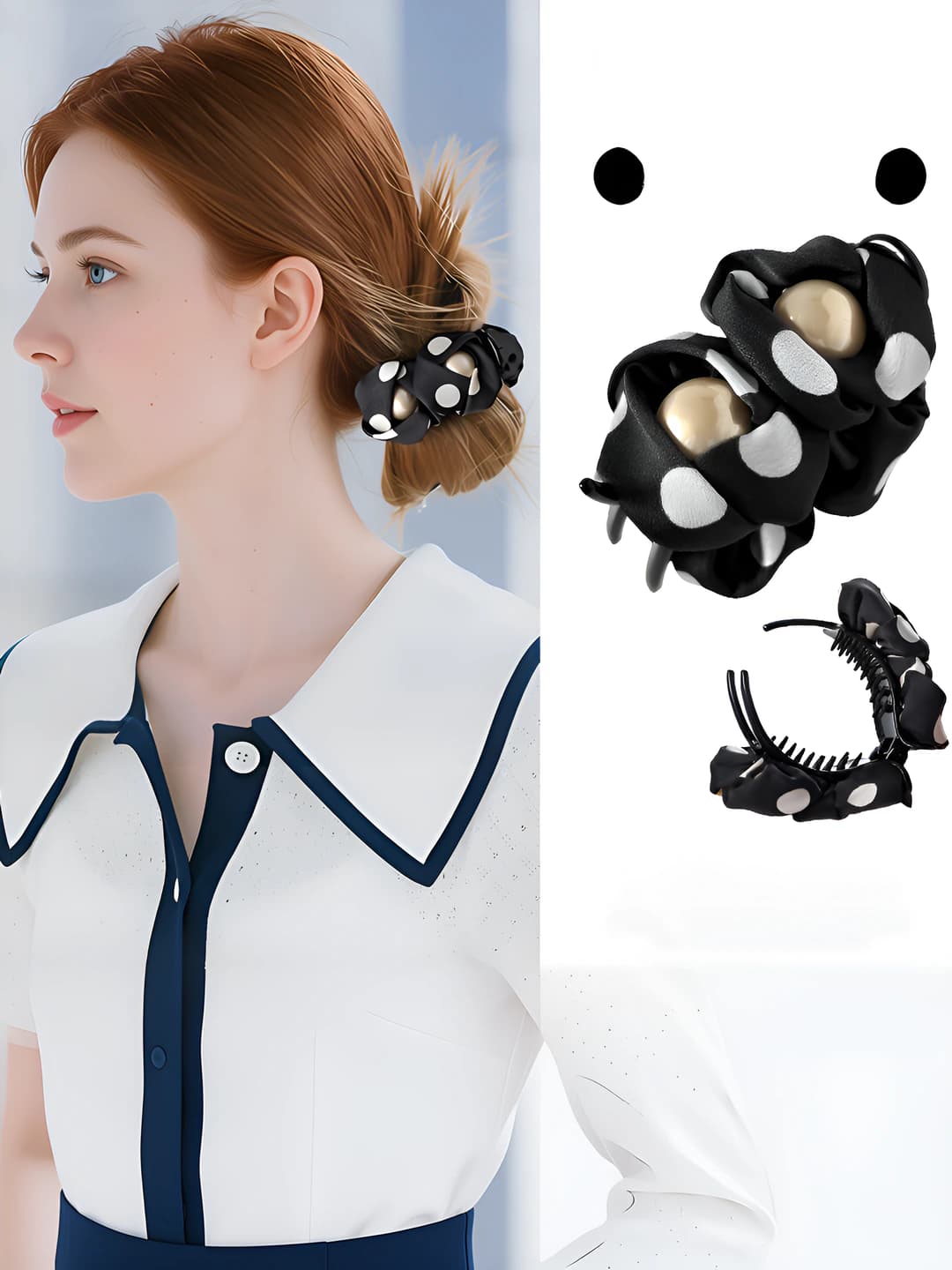 Women's black claw hair clip, large bun style, polka dot and pearl design element, for low ponytail