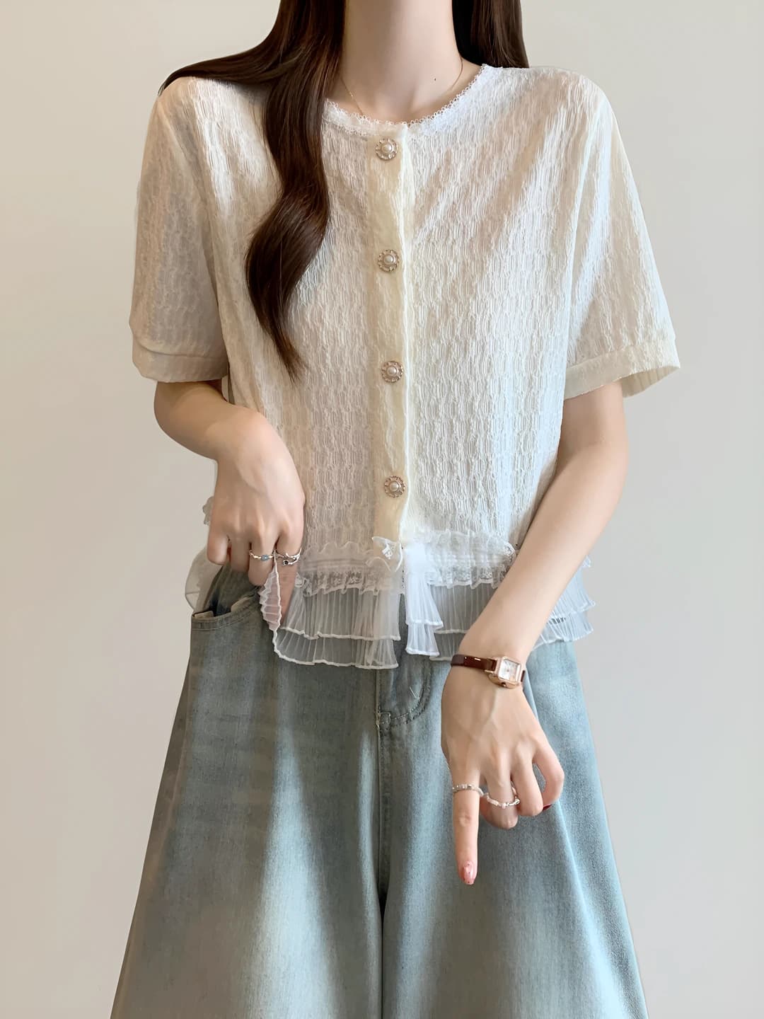 Women's lace short-sleeve blouse, summer, crew neck, solid colour, plus size, slimming