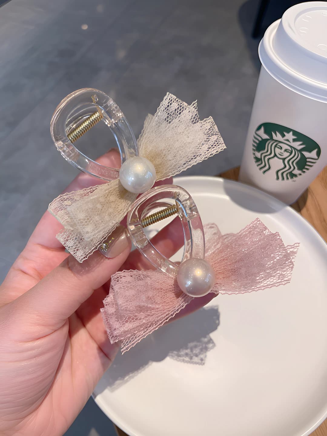 Women's hair clips and combs: lace hair claw clip for updo with pearls and bow, handmade, korean style