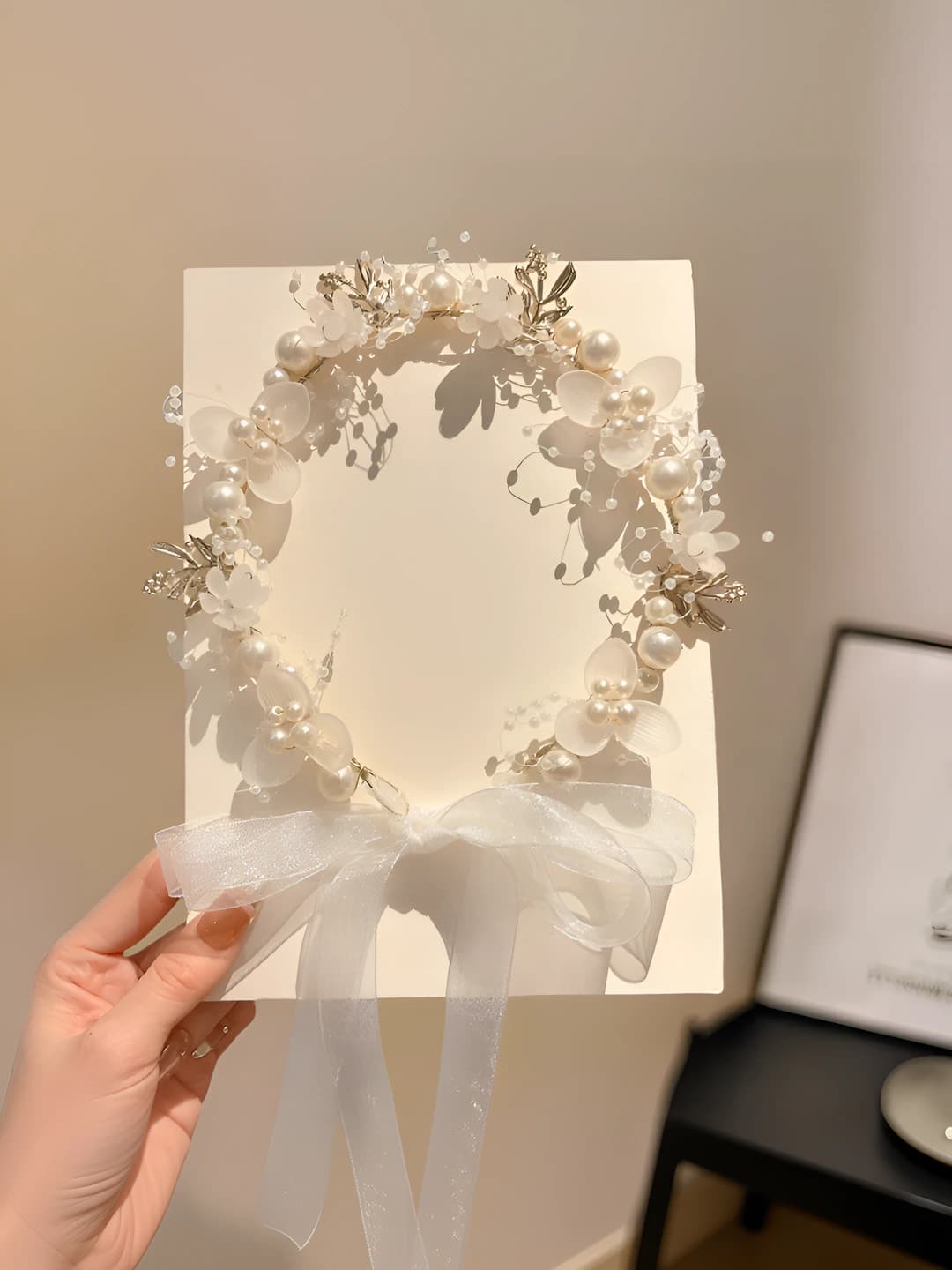 2# White beaded ribbon headband