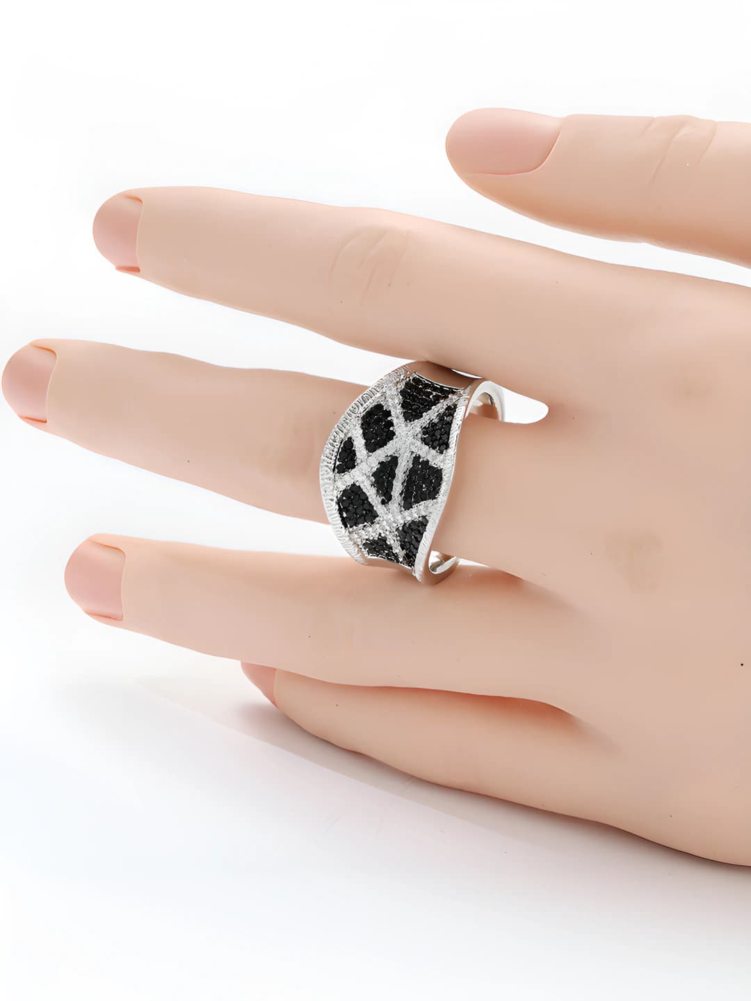 Women's Bohemian costume ring, black zircon, silver color