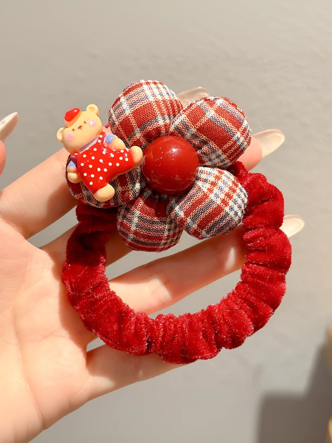 3# Bear red-blue plaid hair tie, ~6.5 cm