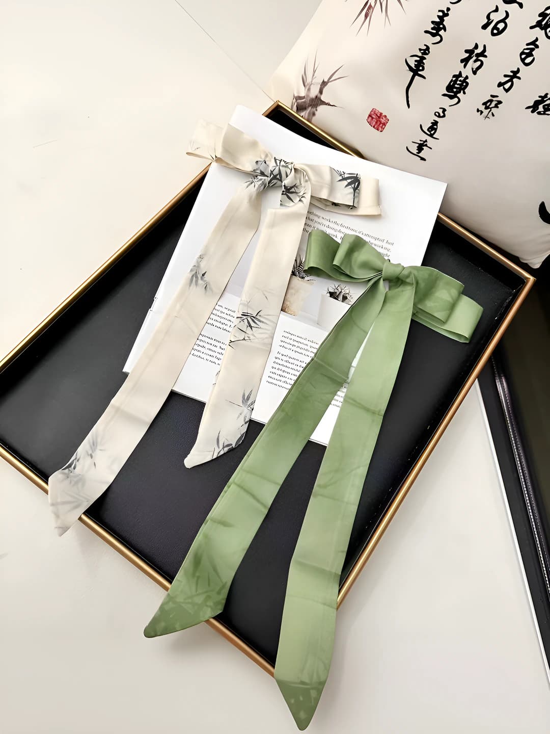 Women's hair ribbon in Chinese style with bamboo leaf ink wash pattern, retro, spring-autumn
