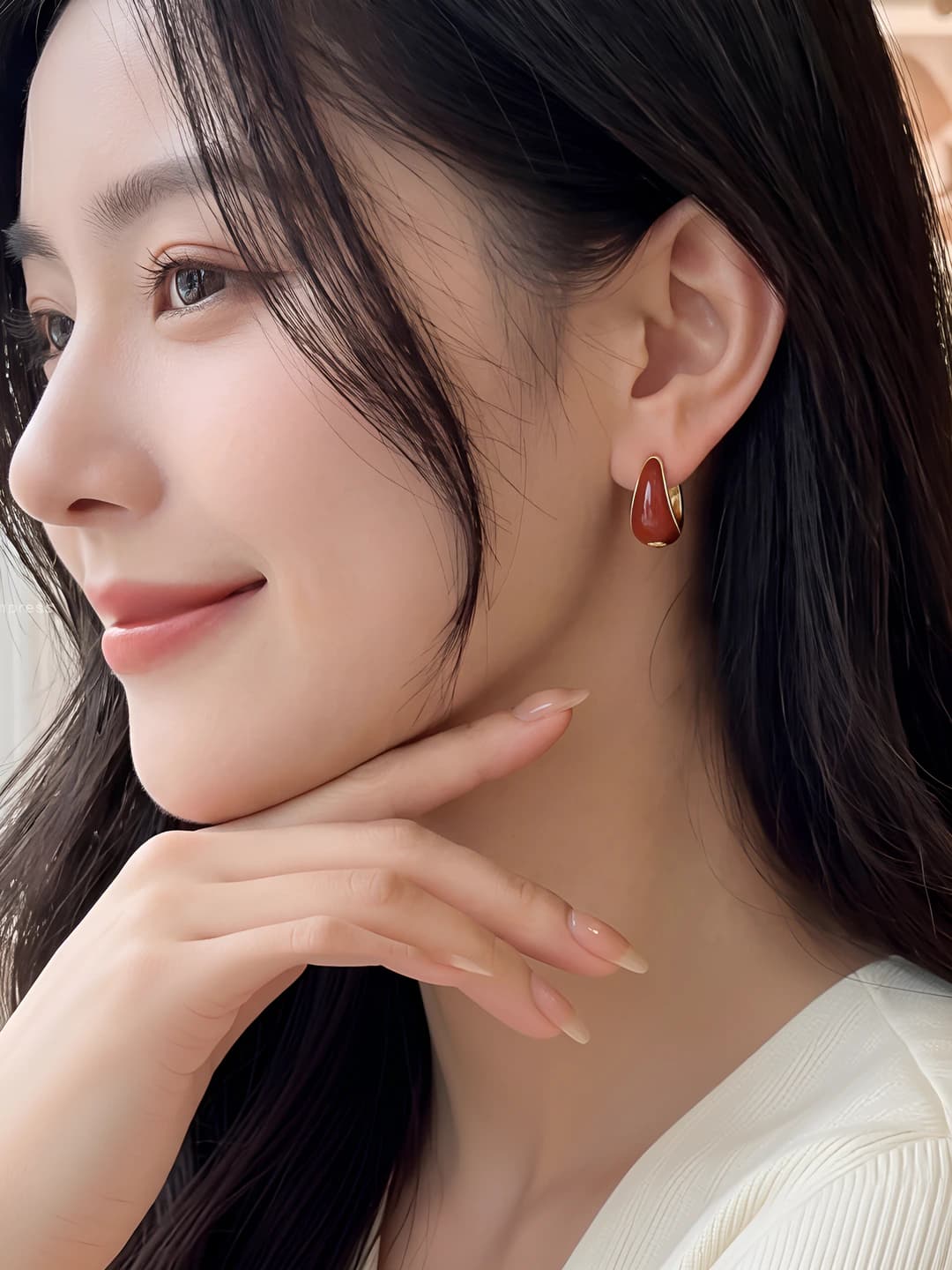 Women's angora red teardrop earrings, 2026, simple, niche, premium feel, ear clips, light luxury, fashionable