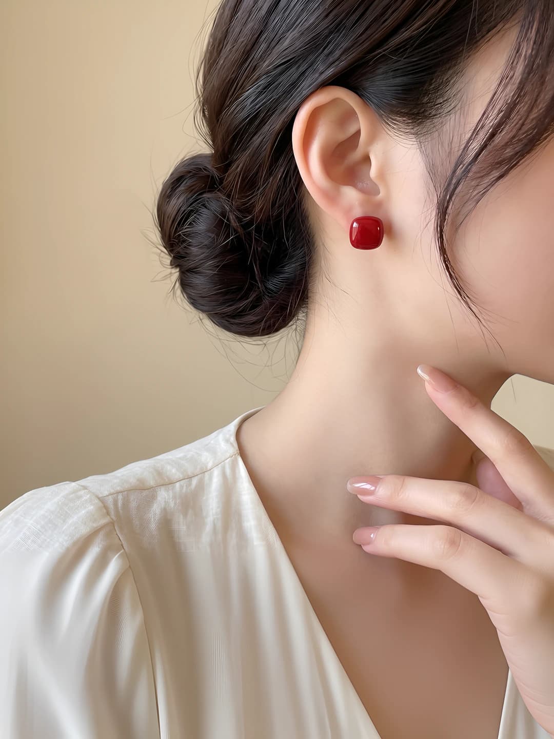 20# Square pearl studs [Ankara red]