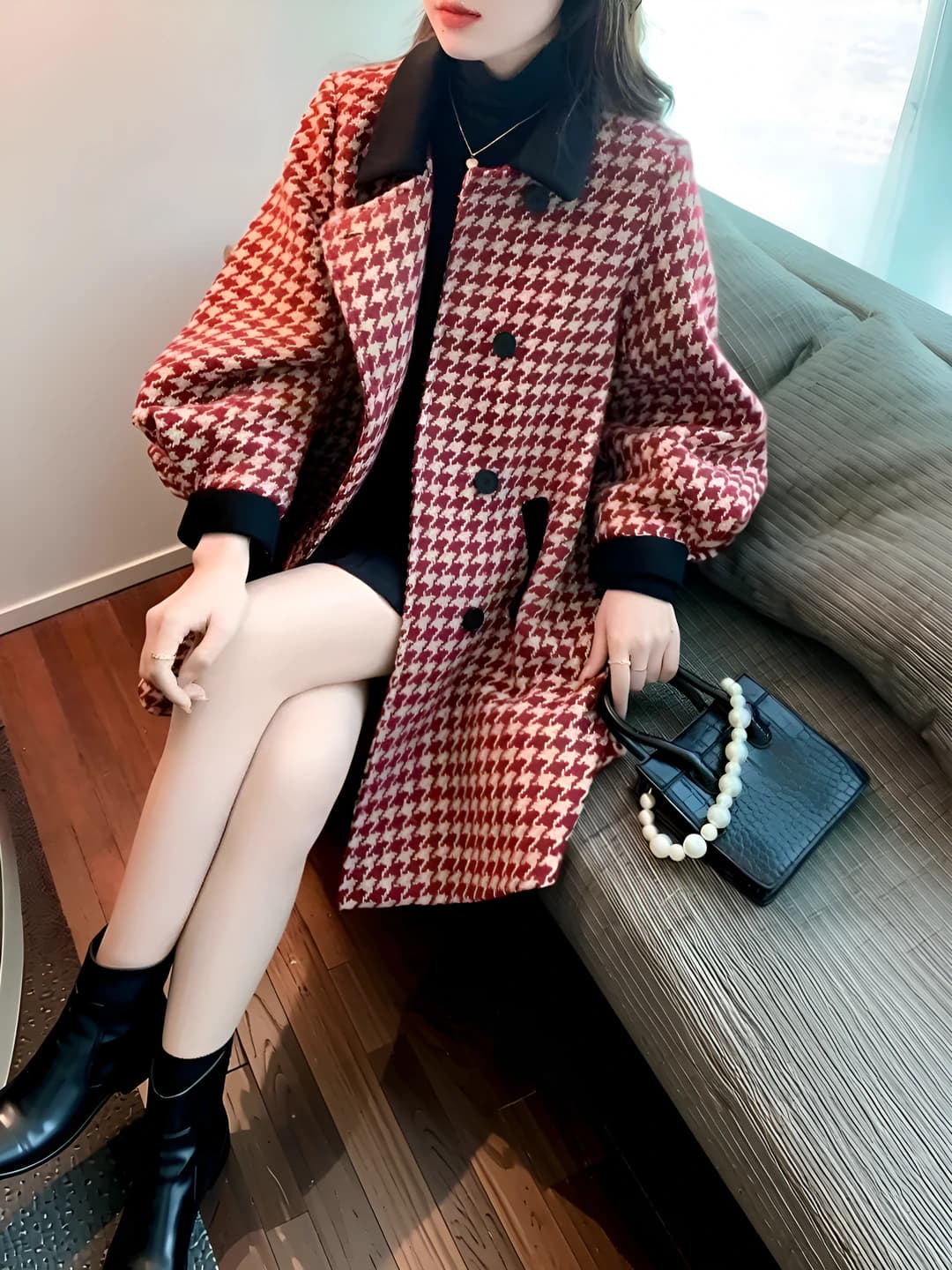 Women's winter thickened coat, mid-length, loose fit, POLO collar, long sleeve, embroidered, for petite