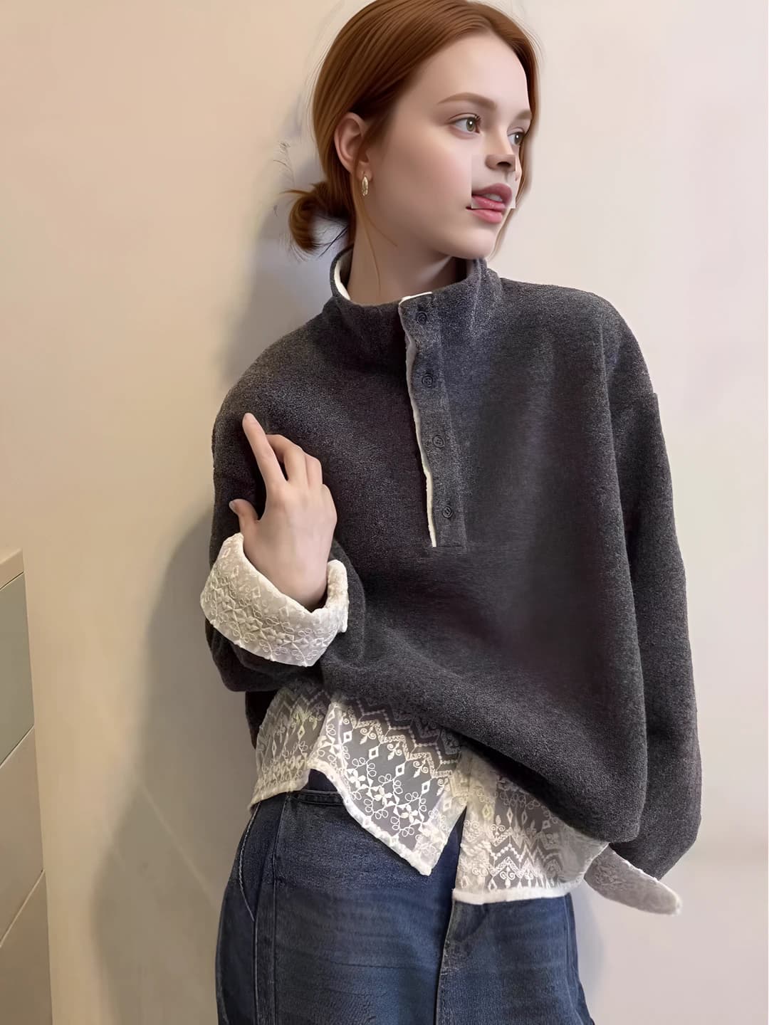 Women's lace-spliced mock neck zip sweatshirt, autumn-winter, loose fit, long sleeve, casual style