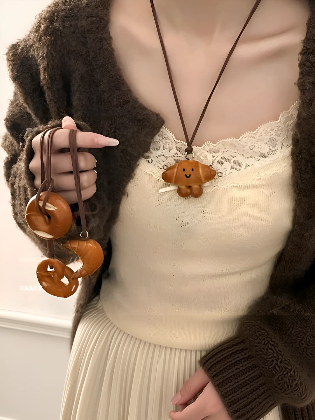 Women's long pendant necklace with donut shape resin charm