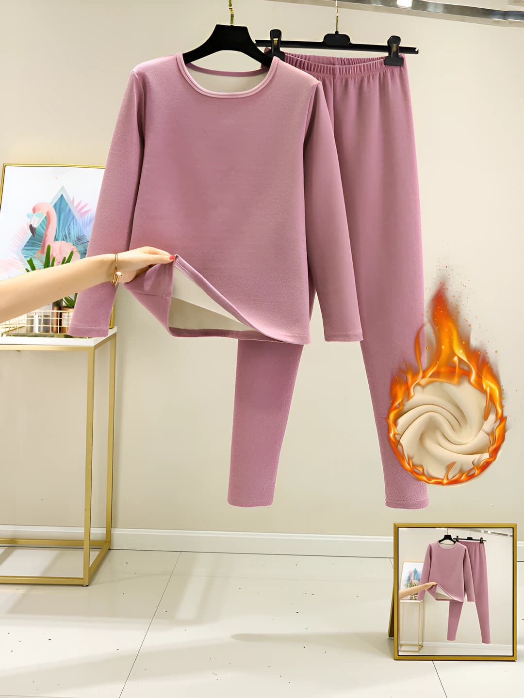 Women's thermal underwear set autumn-winter, warm, crew neck, long sleeve, trousers, fleece-lined, thickened, 90%-95% polyester